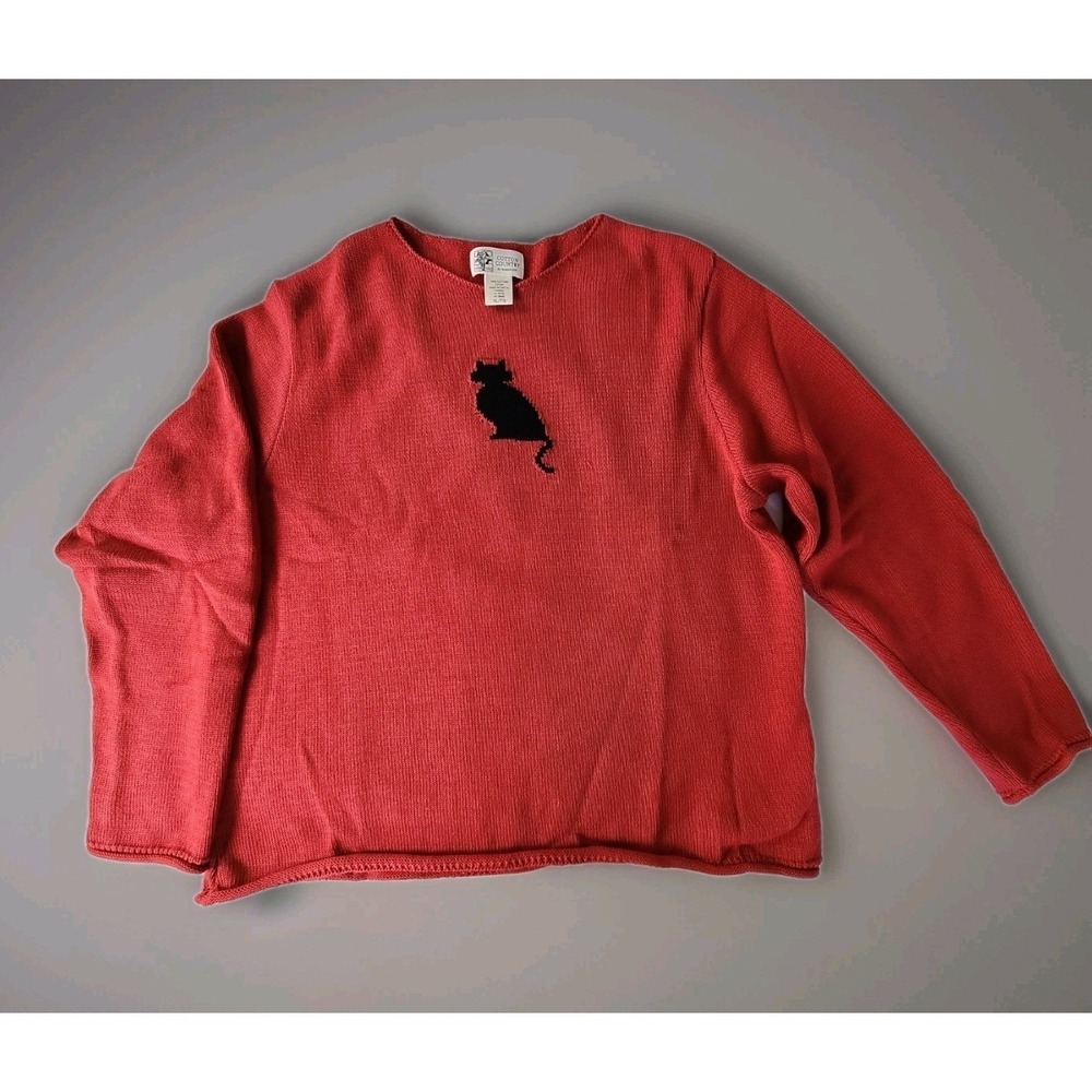 VTG‎ Susan Bristol Cotton Country Parkhurst XL Red Pullover Sweater w/Cat NIB